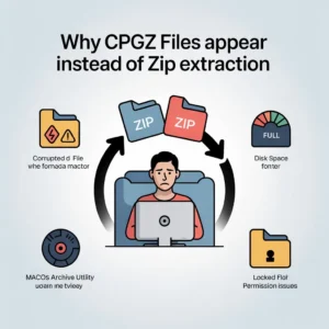 Illustration showing how to open a CPGZ file on a Mac using built-in Archive Utility and alternative extraction methods.