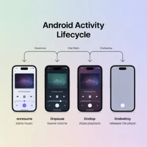 Android Activity Lifecycle diagram showing onCreate, onStart, onResume, onPause, onStop, and onDestroy