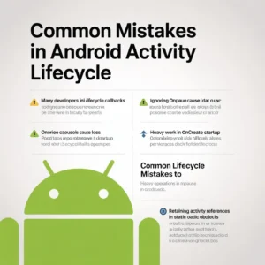 Android Activity Lifecycle diagram showing onCreate, onStart, onResume, onPause, onStop, and onDestroy