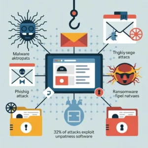 Protect PC from Hackers: Illustration showing a computer shielded from cyber attacks and hackers trying to breach it