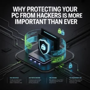 Protect PC from Hackers: Illustration showing a computer shielded from cyber attacks and hackers trying to breach it