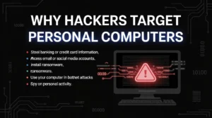 Protect PC from Hackers: Illustration showing a computer shielded from cyber attacks and hackers trying to breach it