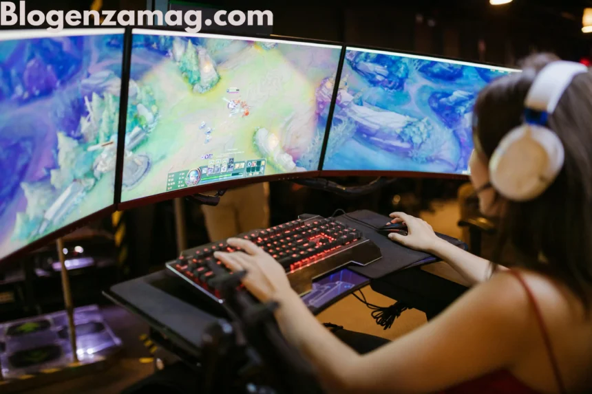 A gamer using a triple-monitor setup with Tommy Jacobs Gaming EyeXcon for immersive esports experience.