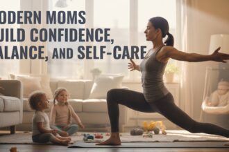 Modern mom practicing yoga at home while kids play nearby, showing how can modern moms build confidence, balance, and self-care daily.