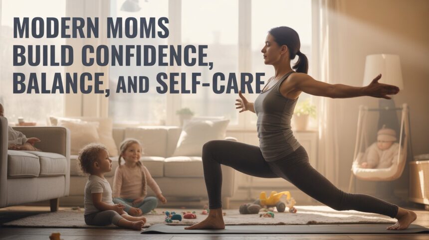 Modern mom practicing yoga at home while kids play nearby, showing how can modern moms build confidence, balance, and self-care daily.