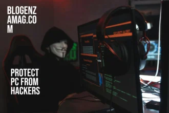 Protect PC from Hackers: Illustration showing a computer shielded from cyber attacks and hackers trying to breach it