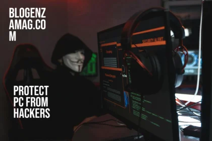 Protect PC from Hackers: Illustration showing a computer shielded from cyber attacks and hackers trying to breach it