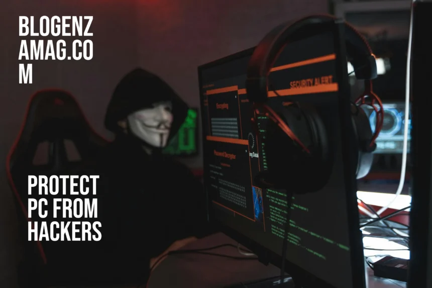 Protect PC from Hackers: Illustration showing a computer shielded from cyber attacks and hackers trying to breach it